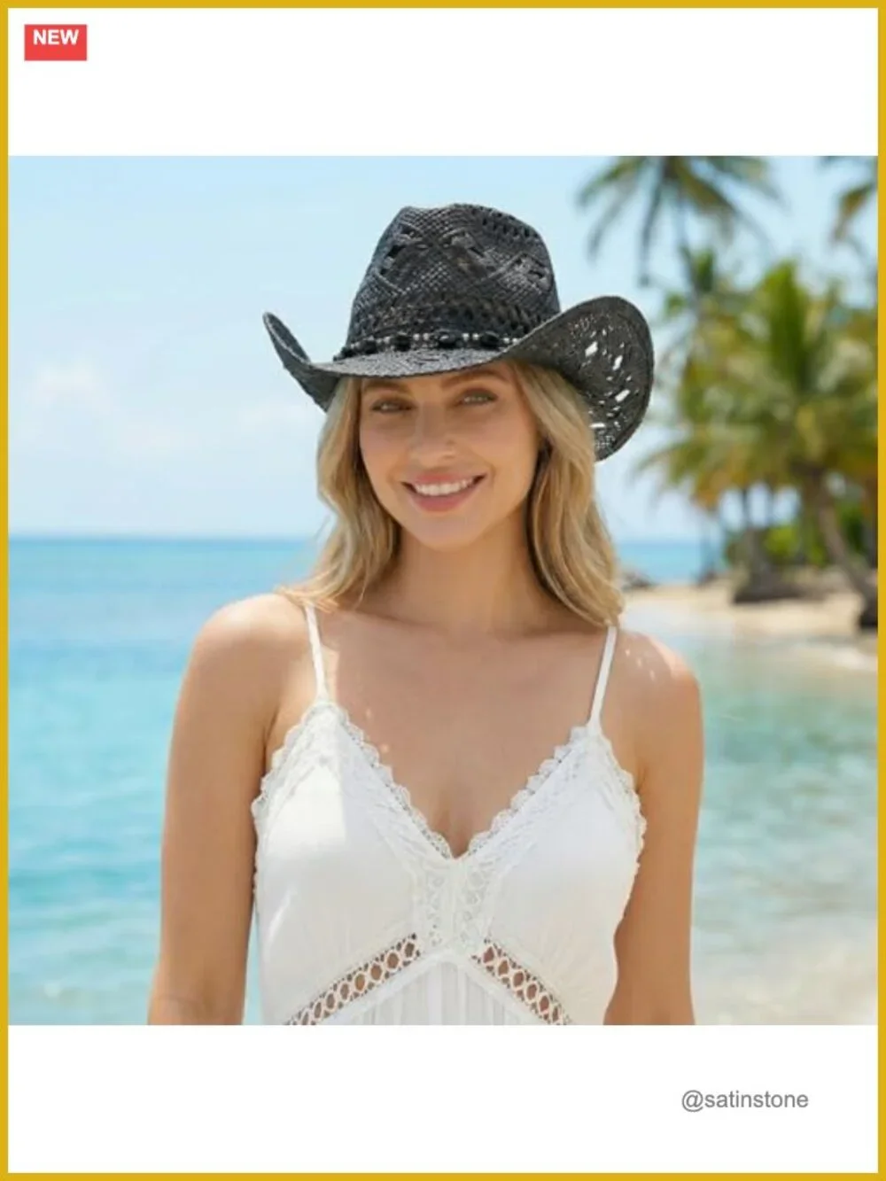 Straw Cowboy Hat with Gem Band UPF 50+ Sun Protection Wide Brim
